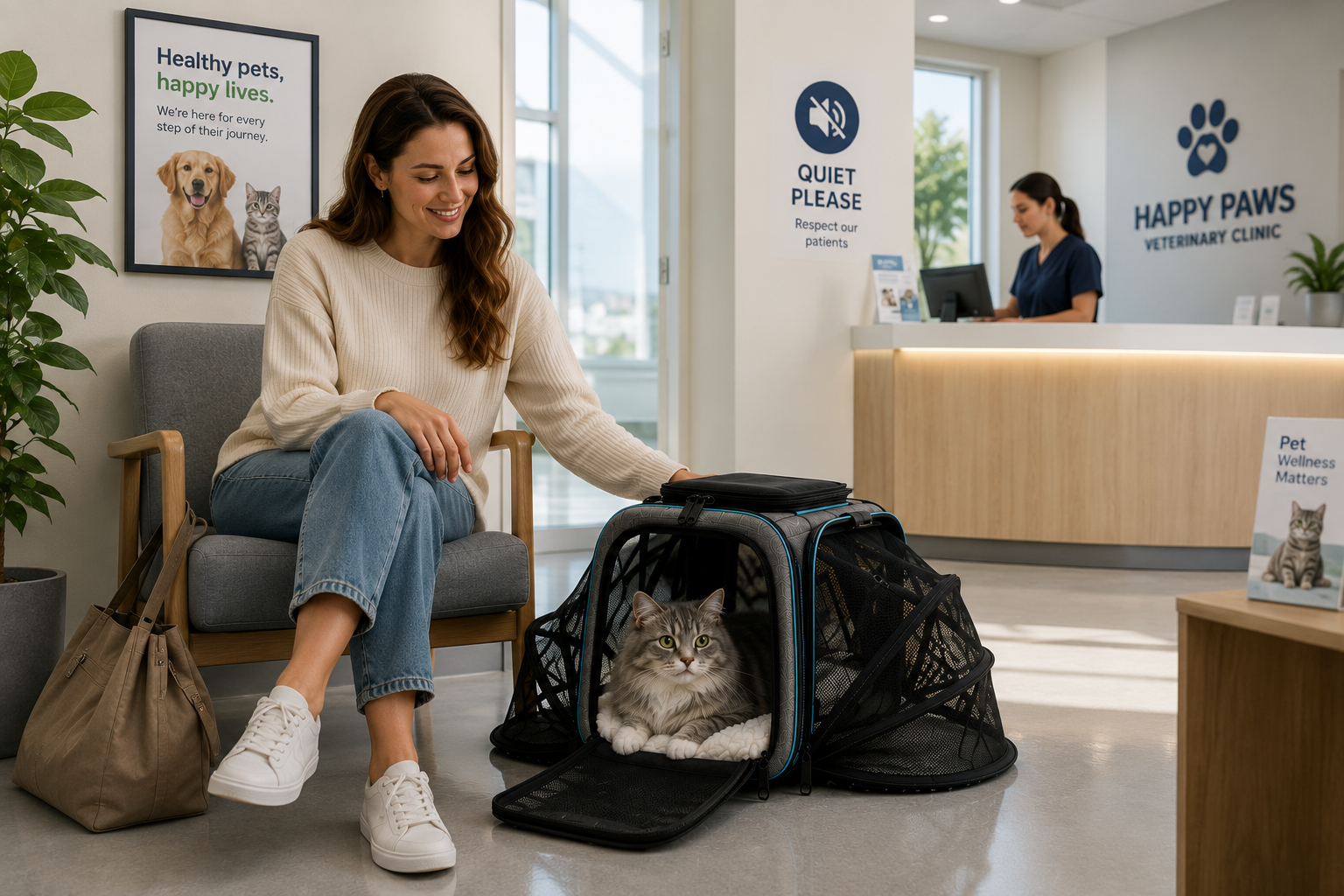 Cat resting in carrier at a veterinary clinic
