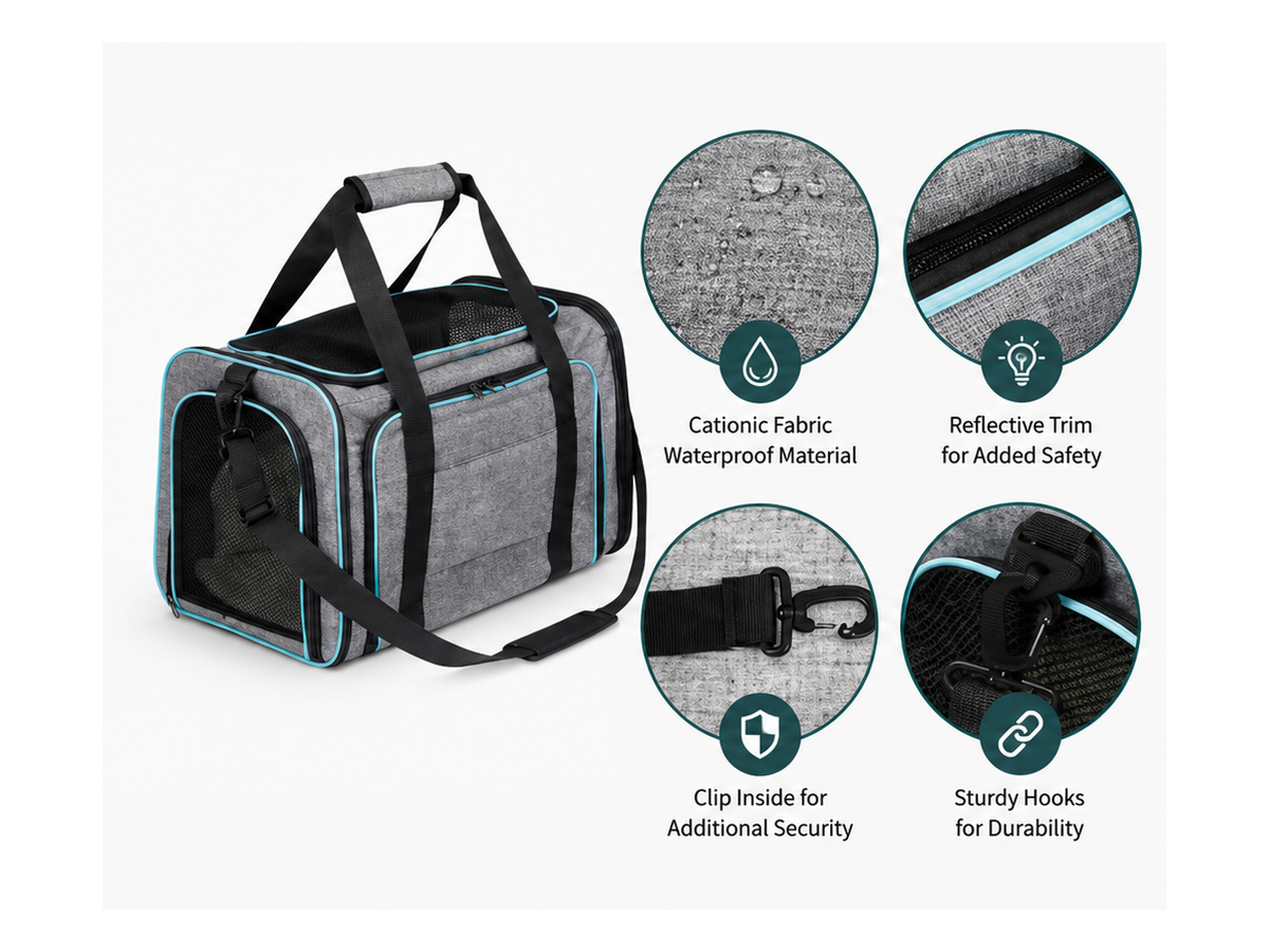 Premium carrier material, reflective trim, safety clip and hardware details