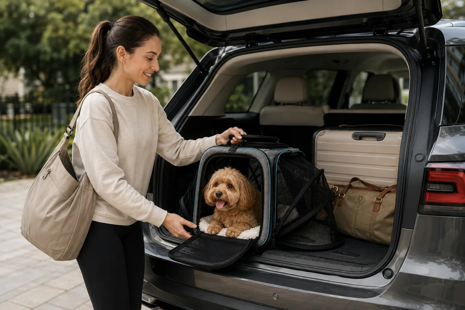 Pet carrier being used for a road trip