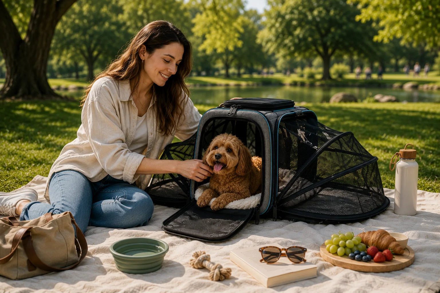 Small dog relaxing in expandable carrier at a park