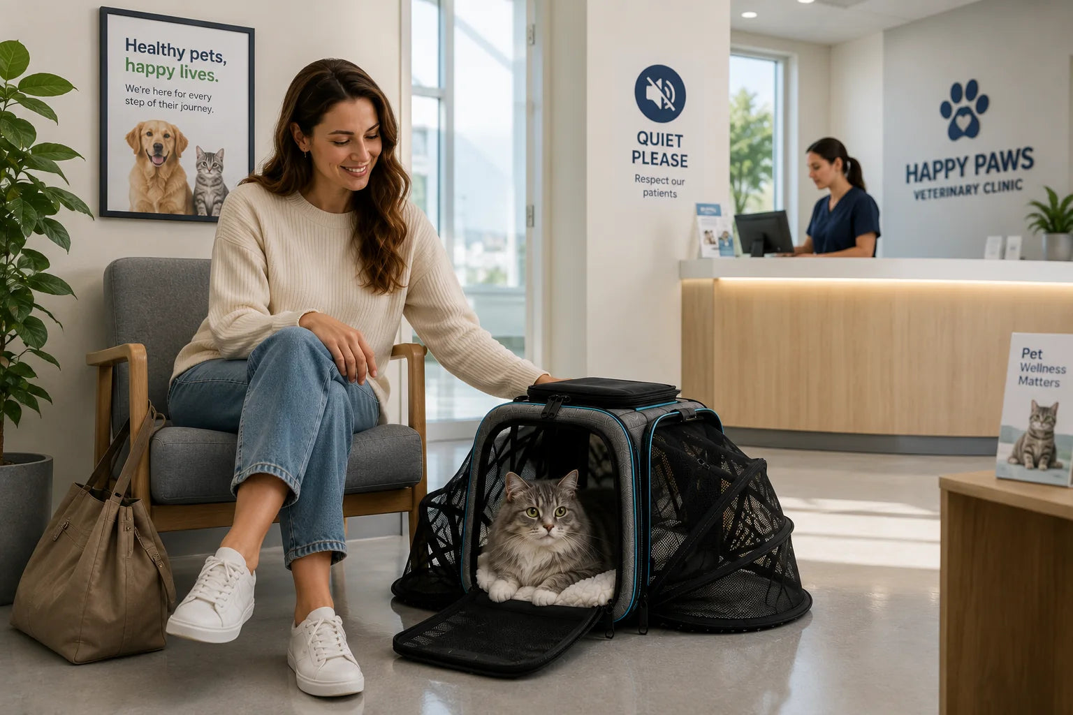 Cat resting in carrier at a veterinary clinic