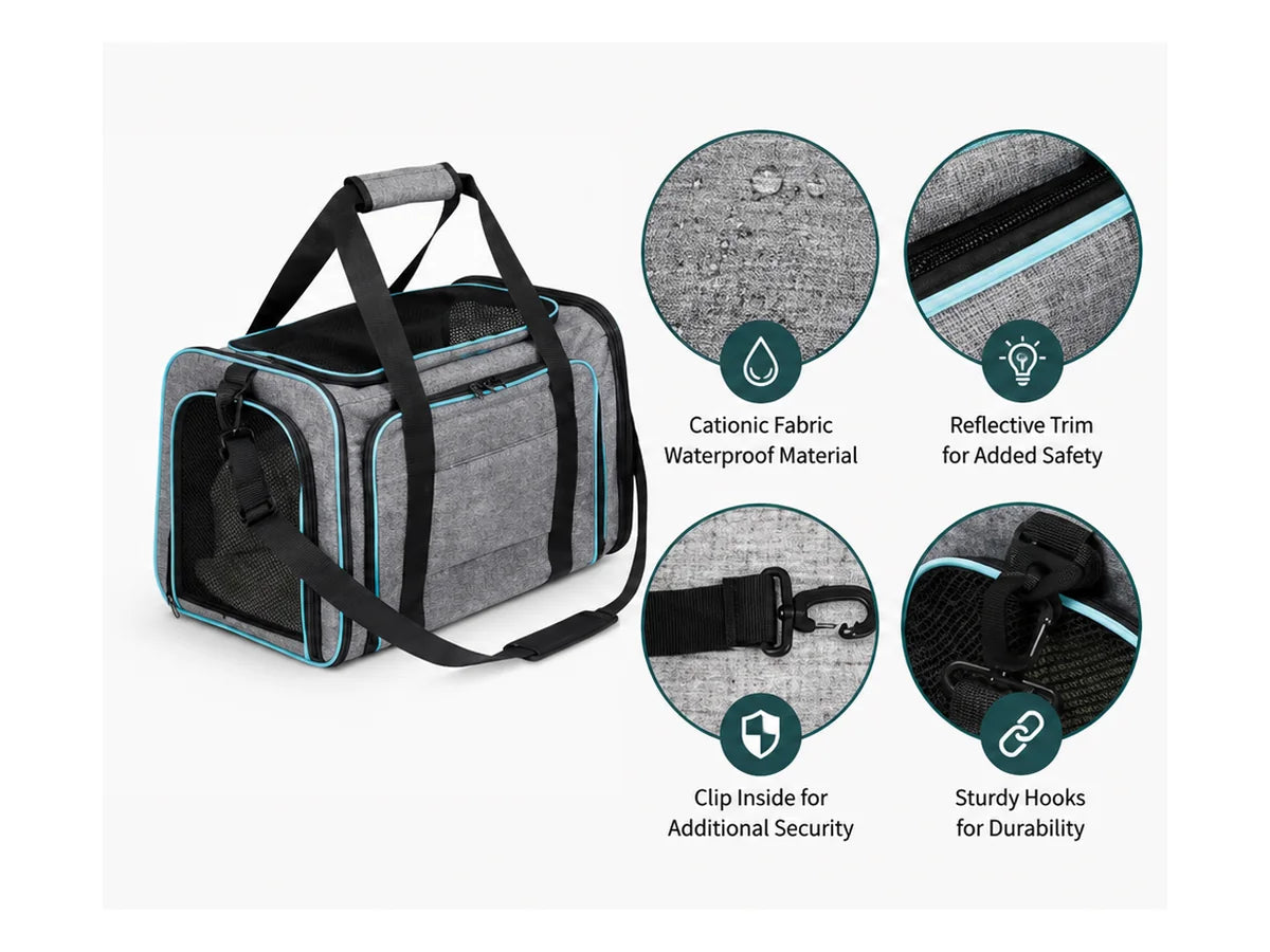 Premium carrier material, reflective trim, safety clip and hardware details