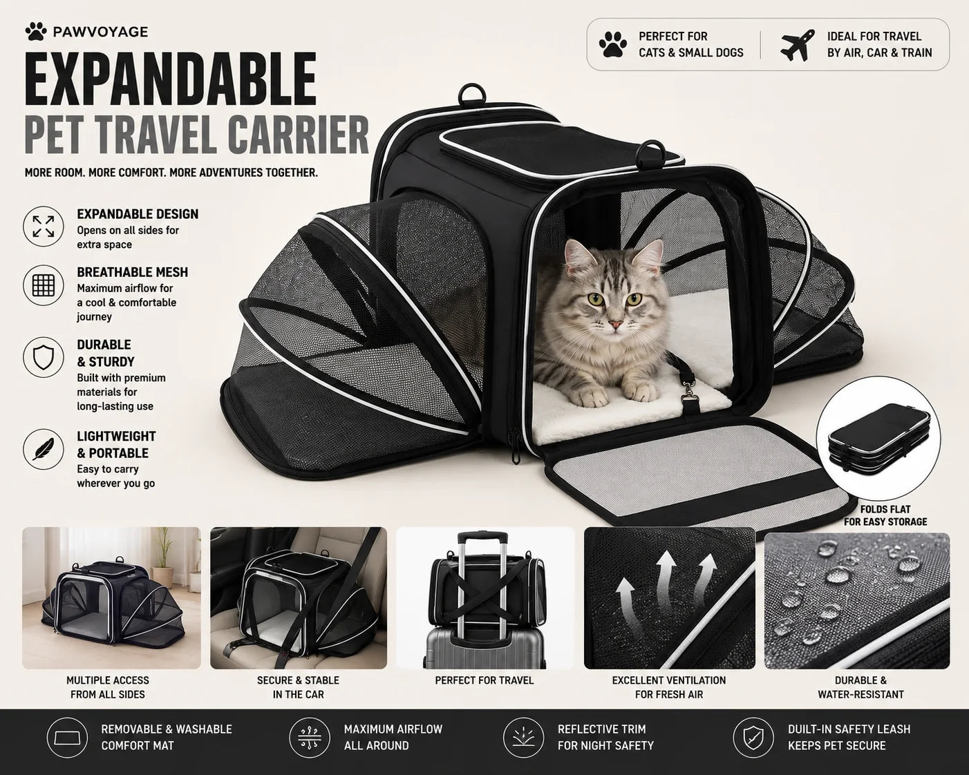 PawVoyage™ Expandable Pet Travel Carrier — Black