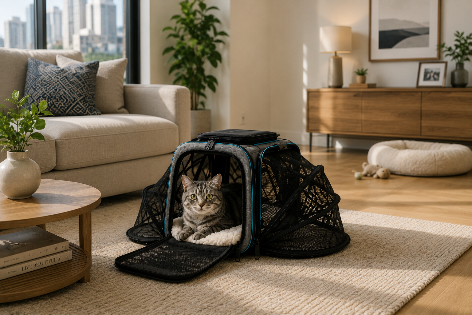 Pet carrier in a modern home